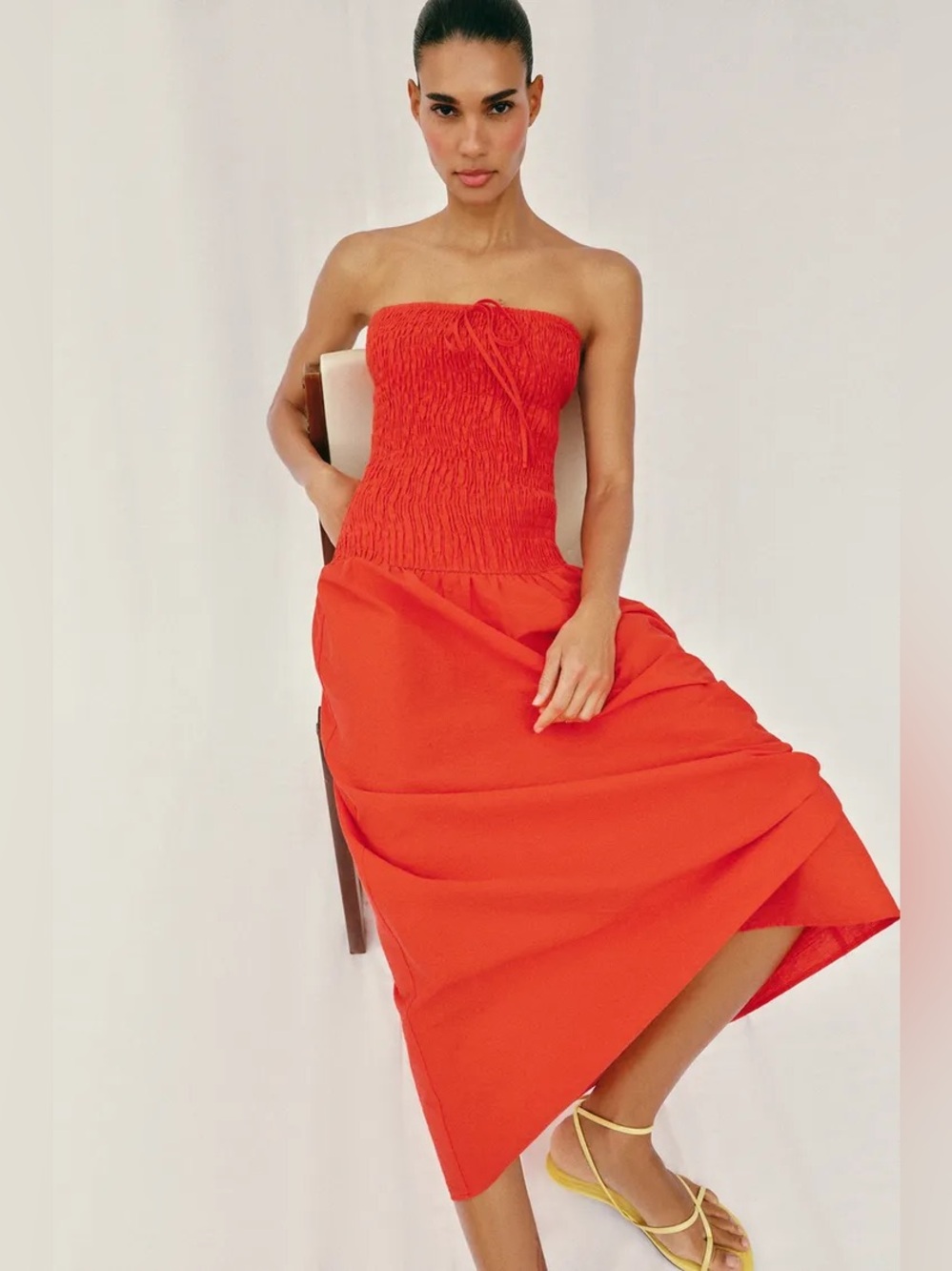 Zara Red Strapless Smocked Maxi Dress Size M NWT
